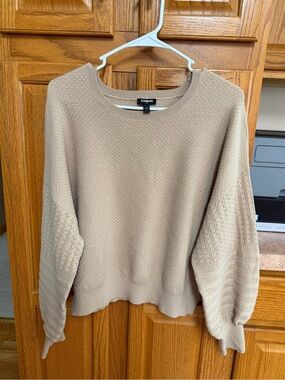 Express Beige Crewneck Knit Sweater with Textured Sleeves